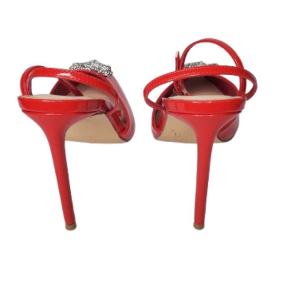 Anne Michelle Red Pointed Toe Ankle Strap Stiletto Heel with Rhinestone Heart . - Picture 4 of 5